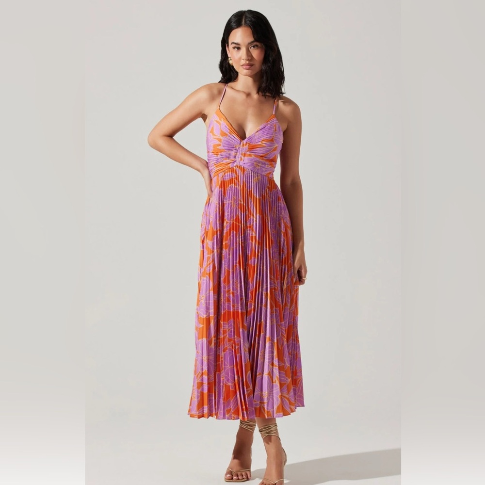 Astr Blythe Floral Plisse Midi Dress Orange and Purple